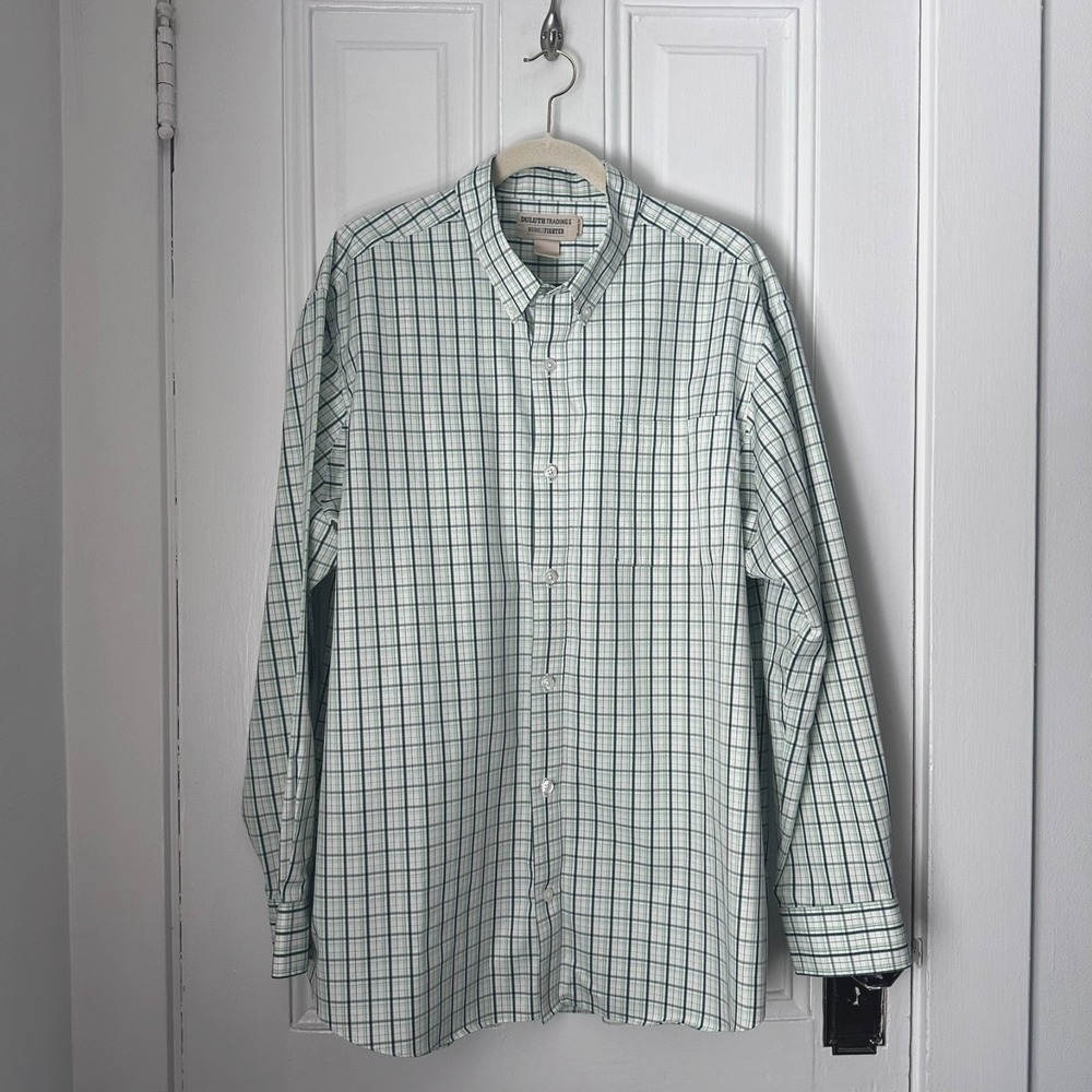 Duluth Trading Long Sleeve Shirt XL Green Plaid Button Down Cotton Wrinklefree